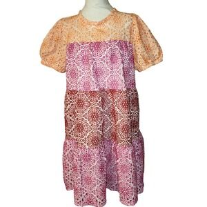 VOY Womens Tiered Eyelet Babydoll Dress Orange Pink Floral Puff Sleeve Size L